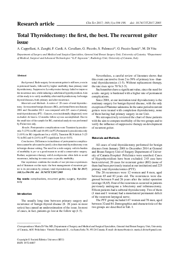 (PDF) Total Thyroidectomy: the first, the best. The recurrent goiter issue