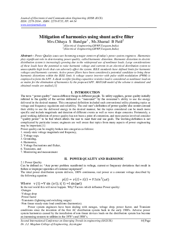 (PDF) Mitigation of harmonics using shunt active filter