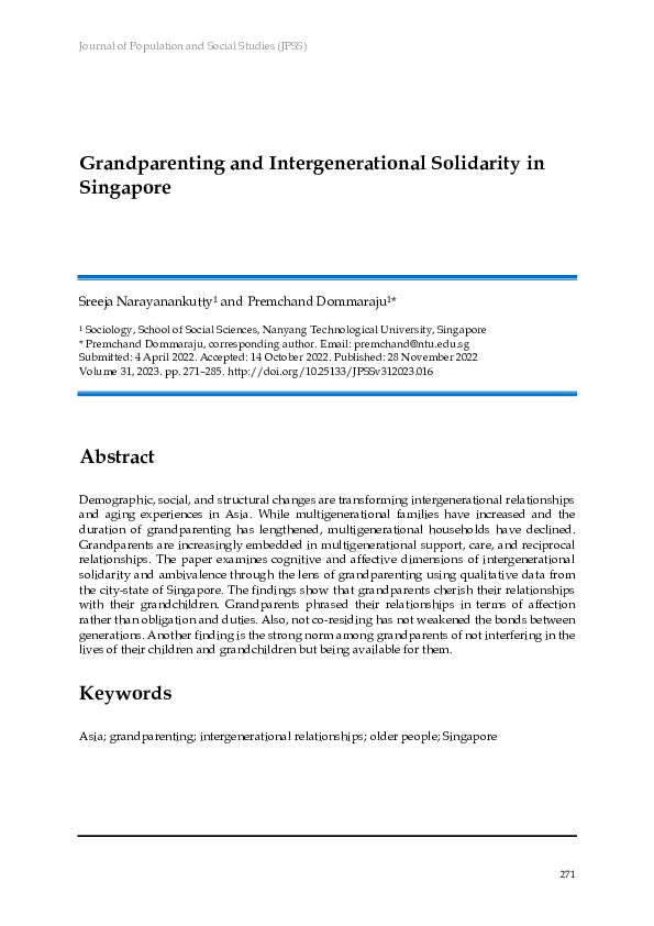 (PDF) Grandparenting and Intergenerational Solidarity in Singapore