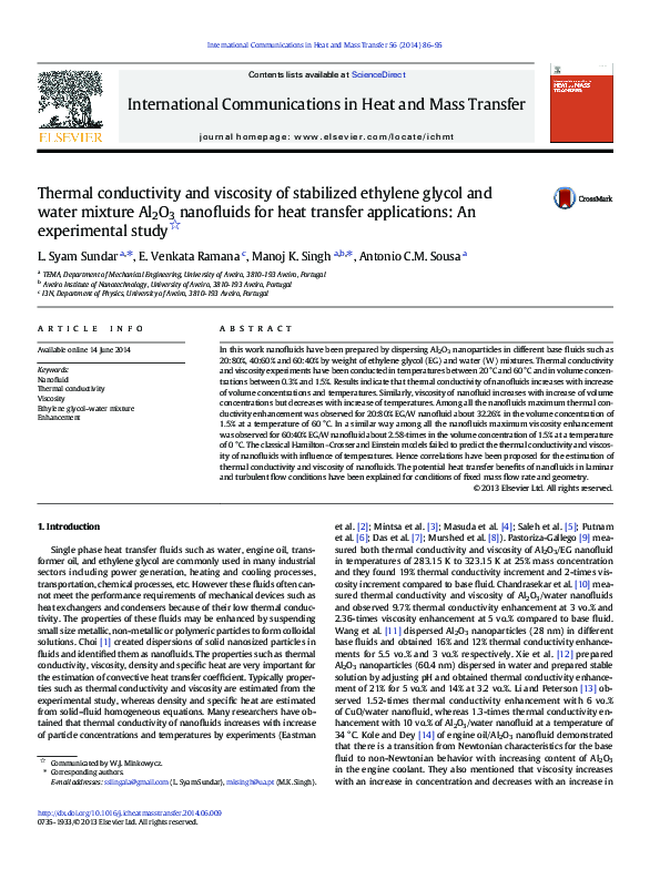 (PDF) Thermal conductivity and viscosity of stabilized ethylene glycol ...
