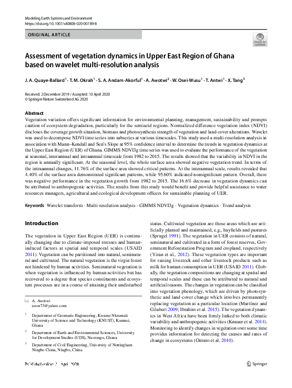 (PDF) Assessment of vegetation dynamics in Upper East Region of Ghana ...