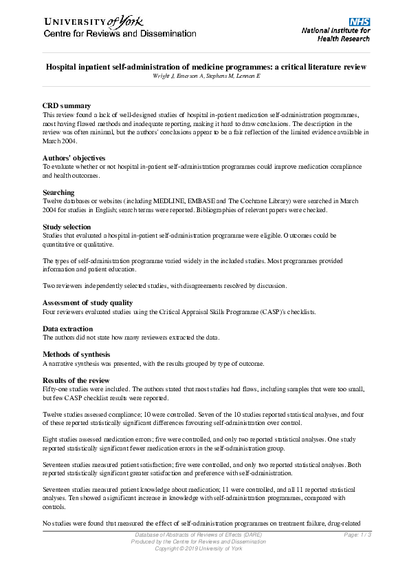 (PDF) Hospital inpatient self-administration of medicine programmes: a ...