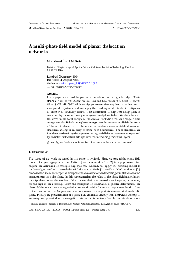 (PDF) A multi-phase field model of planar dislocation networks