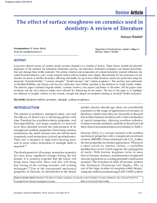 (PDF) The effect of surface roughness on ceramics used in dentistry: A ...
