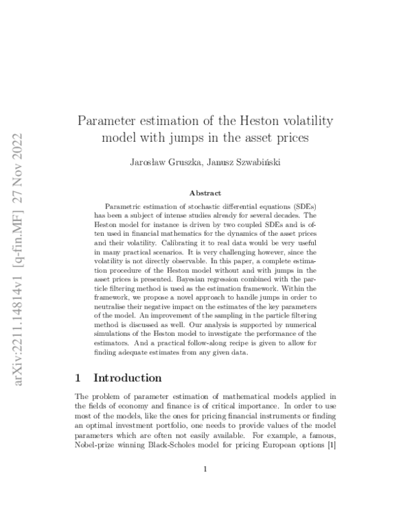 (PDF) Parameter Estimation of the Heston Volatility Model with Jumps in ...