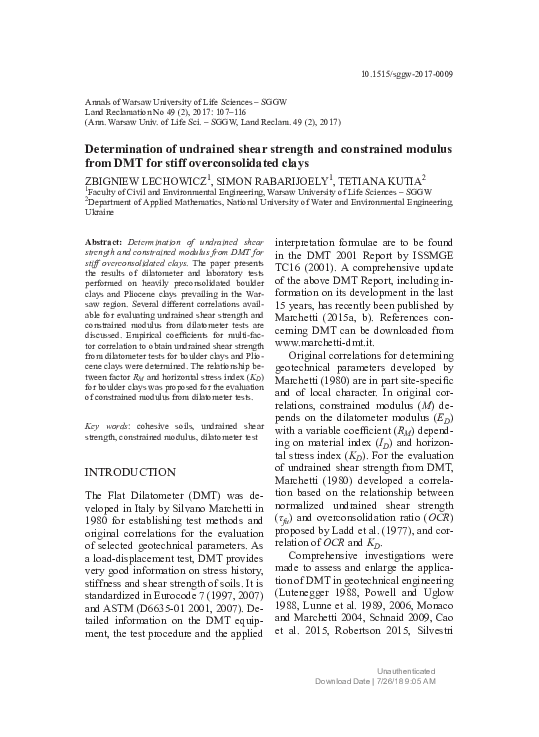 (PDF) Determination of undrained shear strength and constrained modulus ...