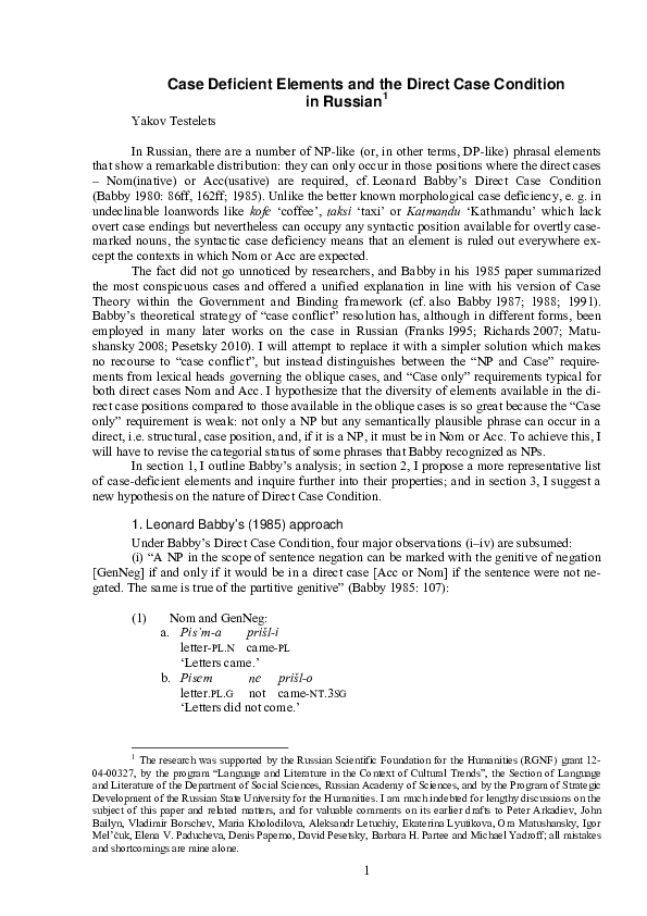 (PDF) Case Deficient Elements and the Direct Case Condition in Russian 1
