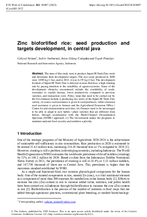 (PDF) Zinc biofortified rice: seed production and targets development ...