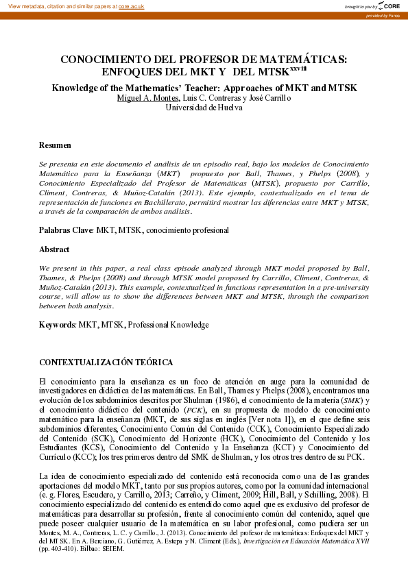(PDF) Conocimiento del profesor de matemáticas, enfoques del MKT y del MTSK