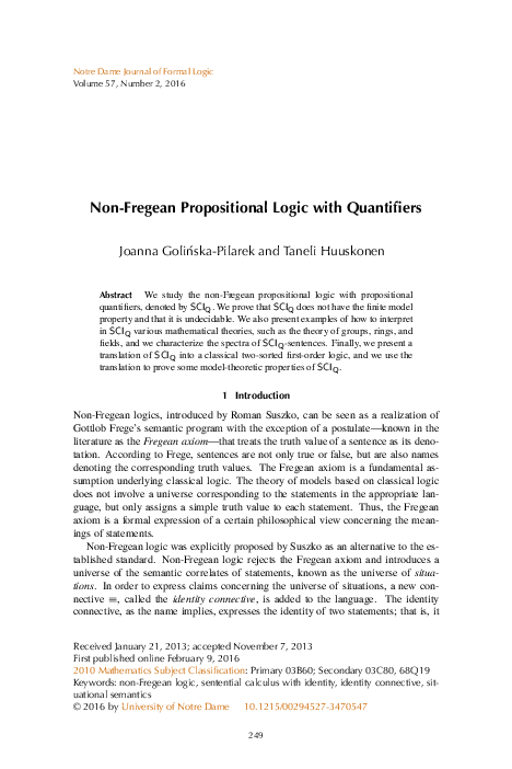 (PDF) Non-Fregean Propositional Logic with Quantifiers
