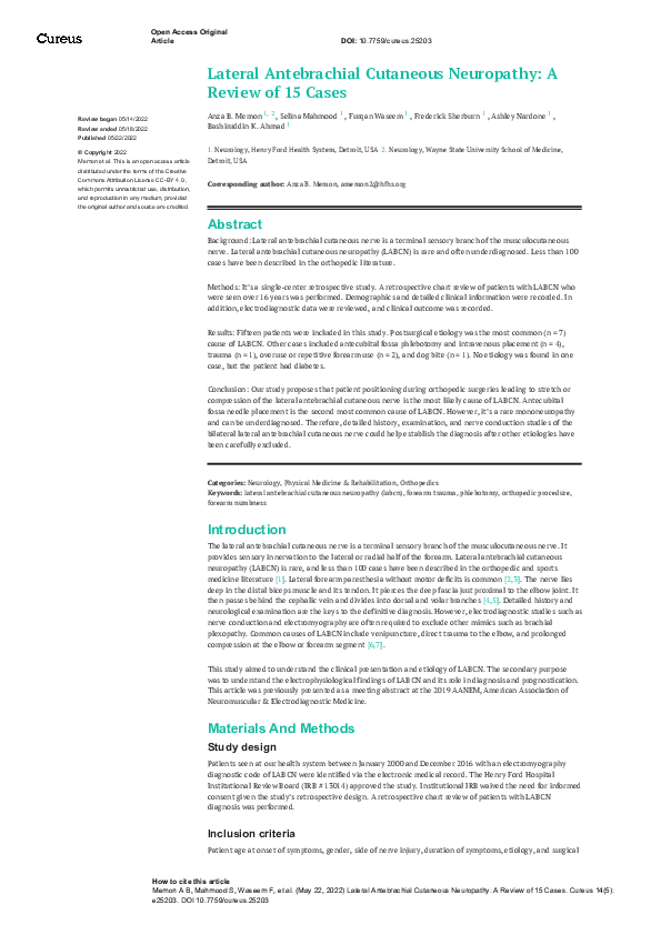 (PDF) Lateral Antebrachial Cutaneous Neuropathy: A Review of 15 Cases