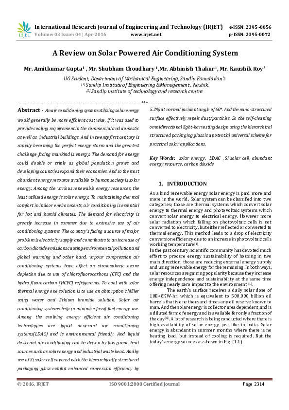 (PDF) A Review on Solar Powered Air Conditioning System