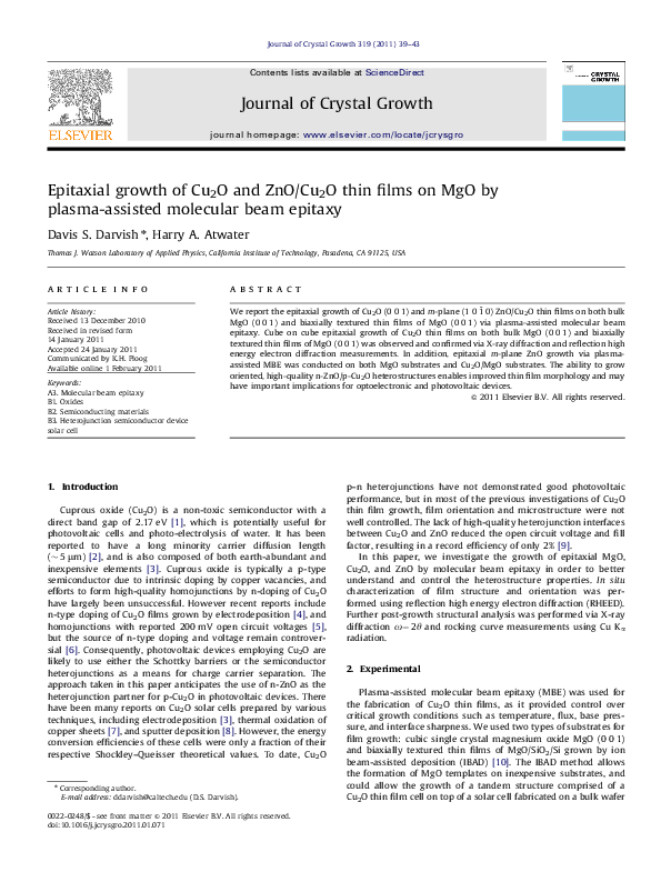 (PDF) Epitaxial growth of Cu2O and ZnO/Cu2O thin films on MgO by plasma ...