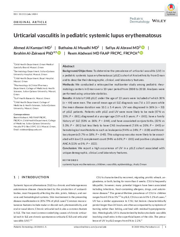 (PDF) Urticarial vasculitis in pediatric systemic lupus erythematosus