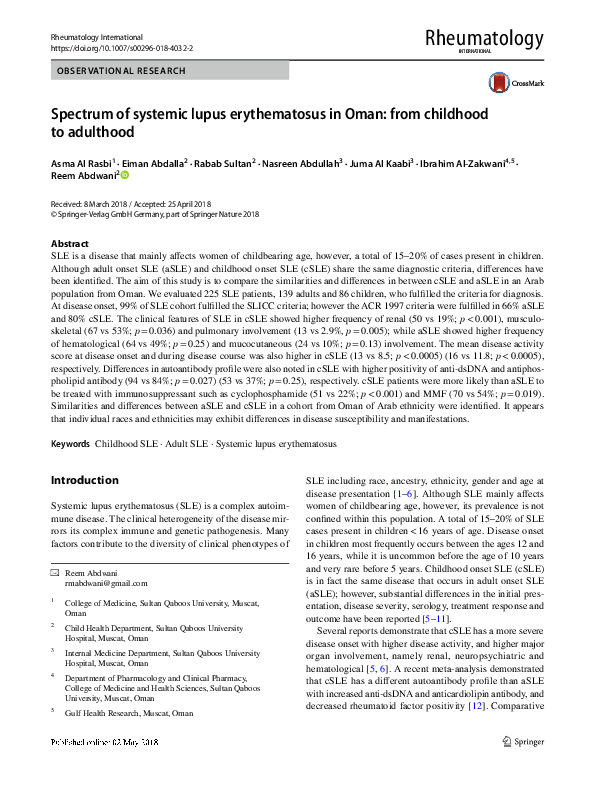 (PDF) Spectrum of systemic lupus erythematosus in Oman: from childhood ...