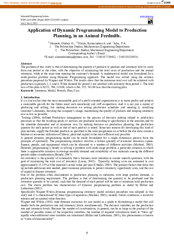 (PDF) Application of Dynamic Programming Model to Production Planning ...