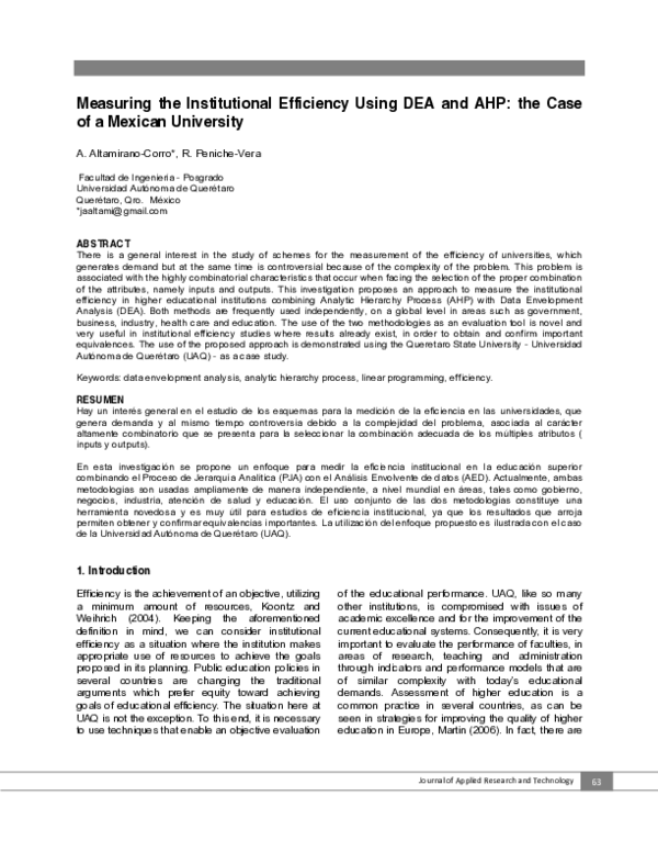 (PDF) Measuring the Institutional Efficiency Using DEA and AHP: the ...