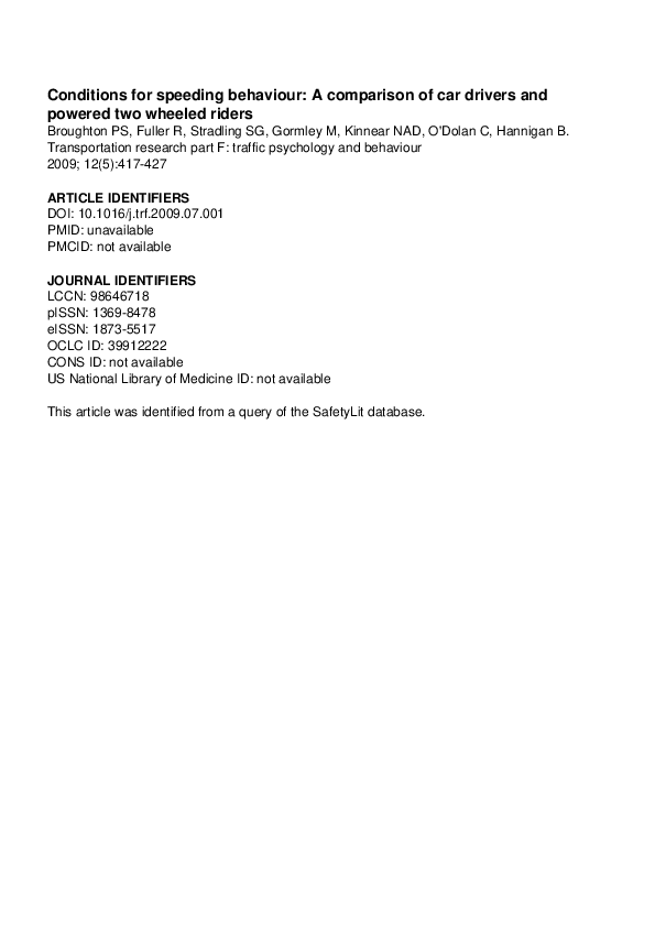 (PDF) Conditions for speeding behaviour: A comparison of car drivers ...