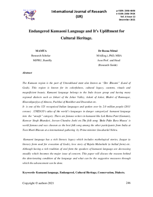 (PDF) Endangered Kumaoni Language and It's Upliftment for Cultural