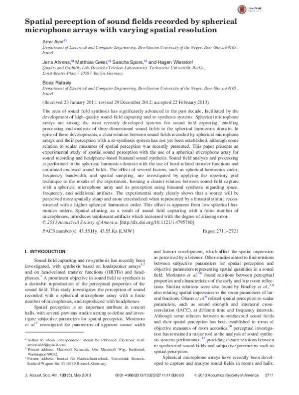 (PDF) Spatial perception of sound fields recorded by spherical ...