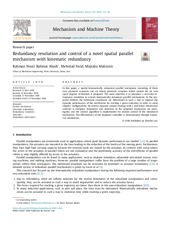 (PDF) Redundancy resolution and control of a novel spatial parallel ...