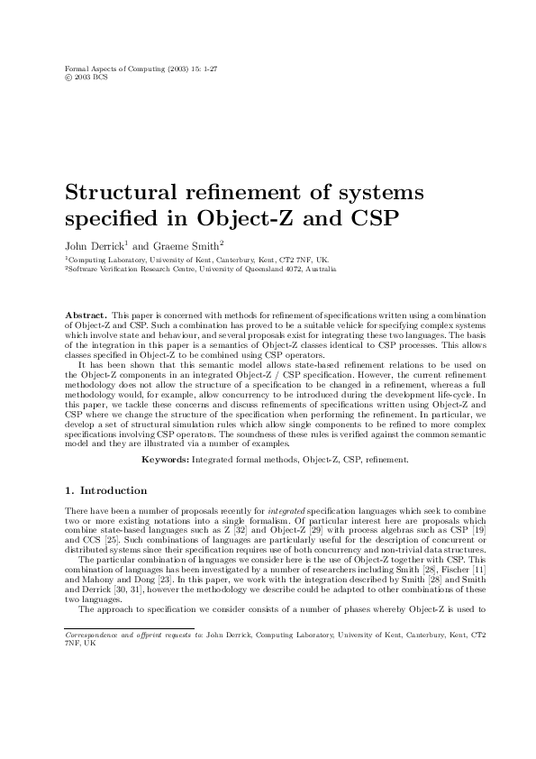 (PDF) Structural Refinement of Systems Specified in Object-Z and CSP