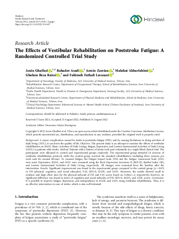 (PDF) The Effects of Vestibular Rehabilitation on Poststroke Fatigue: A ...