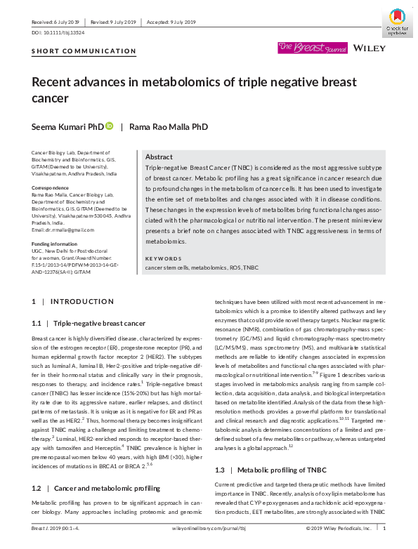 (PDF) Recent advances in metabolomics of triple negative breast cancer