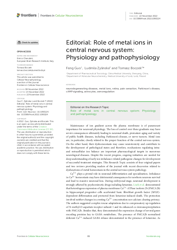 (PDF) Editorial: Role of metal ions in central nervous system ...