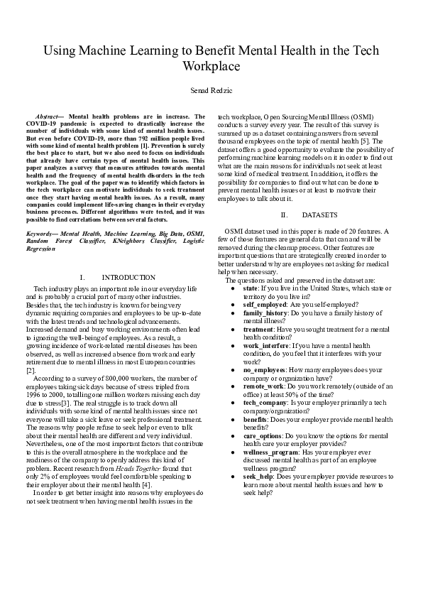 (PDF) Using Machine Learning to Benefit Mental Health in the Tech Workplace