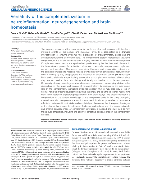 (PDF) Versatility of the complement system in neuroinflammation ...