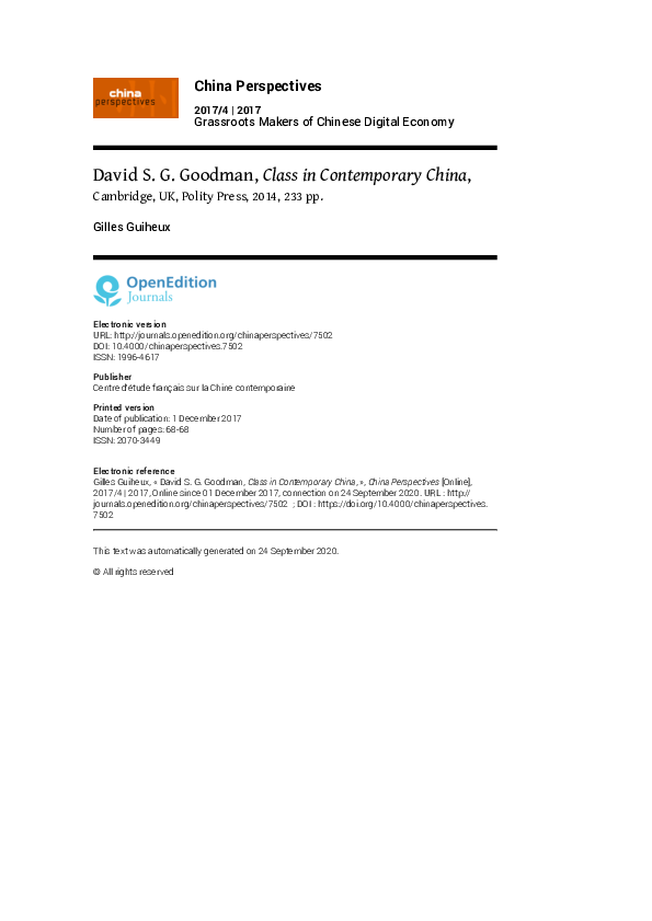 (PDF) David S. G. Goodman, Class in Contemporary China