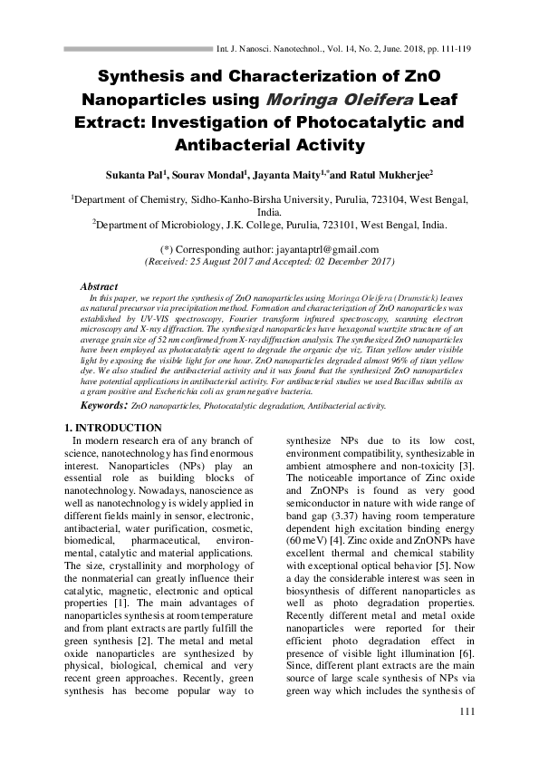(PDF) Synthesis and Characterization of ZnO Nanoparticles using Moringa ...