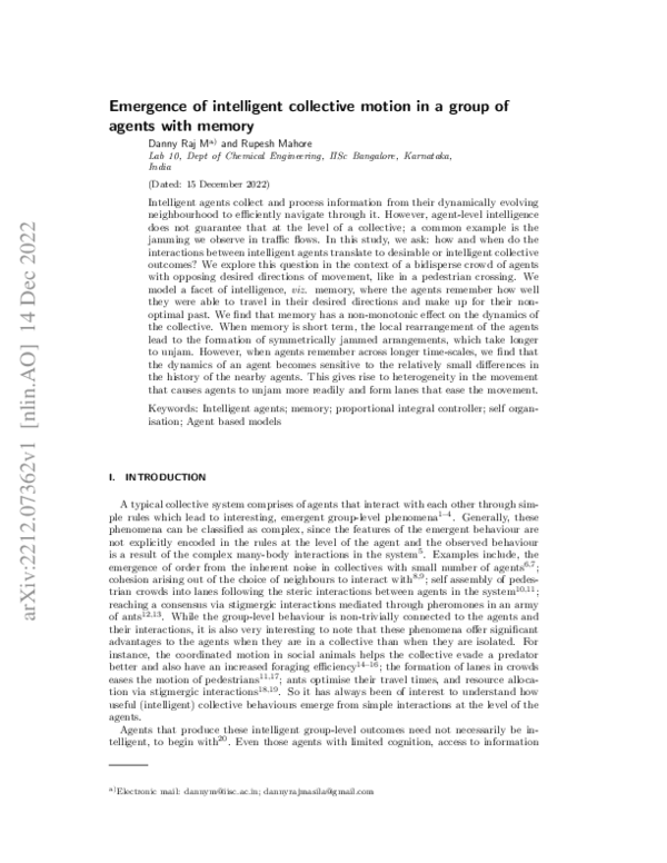 (PDF) Emergence of intelligent collective motion in a group of agents ...