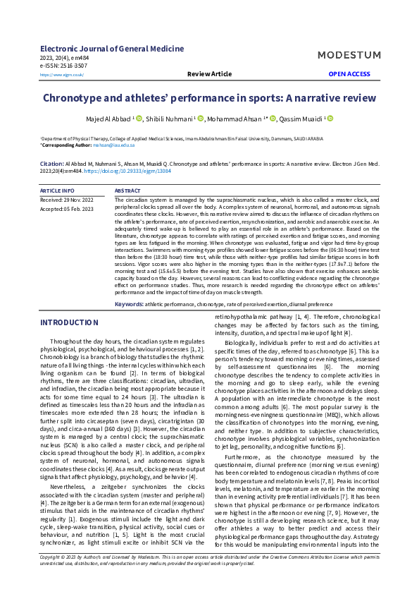 (PDF) Chronotype and athletes’ performance in sports: A narrative review