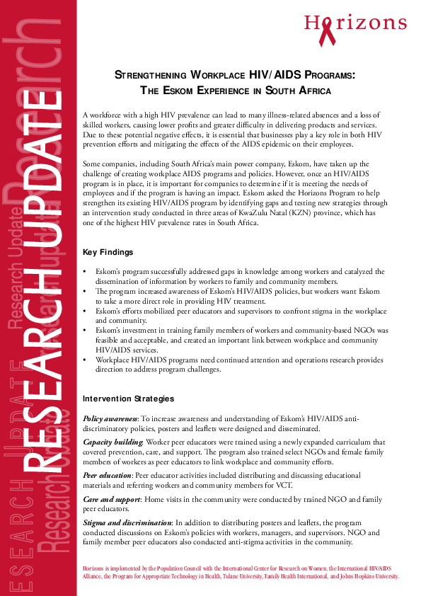 (PDF) Strengthening workplace HIV / AIDS programs: the Eskom experience ...