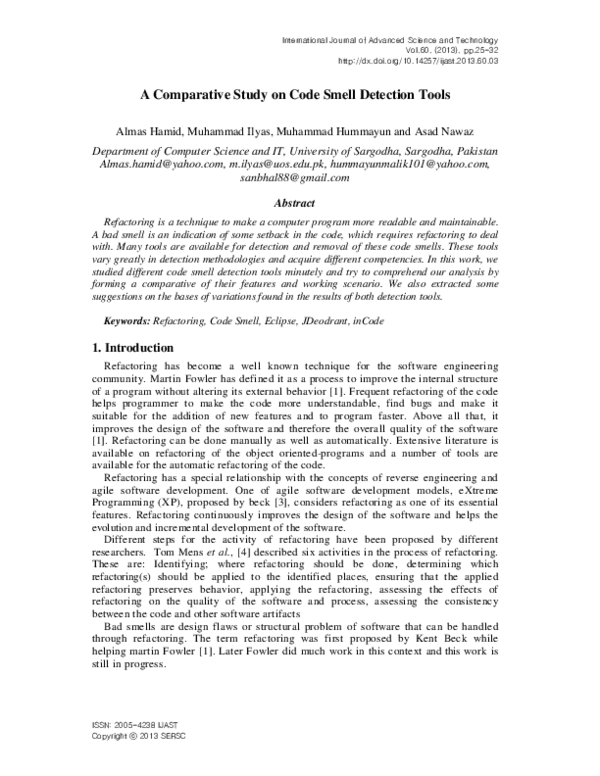 (PDF) A Comparative Study on Code Smell Detection Tools