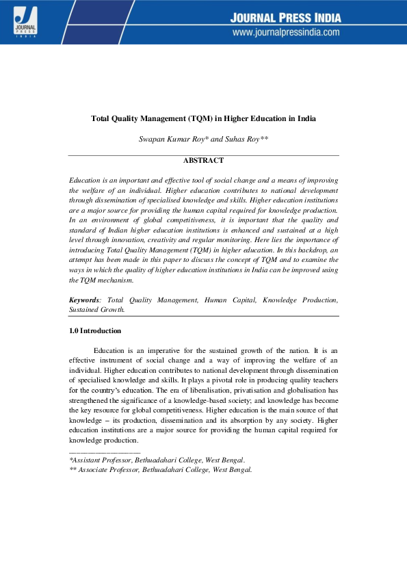 (PDF) Total Quality Management (TQM) in Higher Education in India