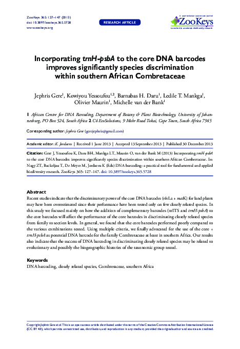 (PDF) Incorporating trnH-psbA to the core DNA barcodes improves ...
