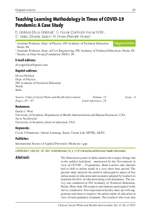 (PDF) Teaching Learning Methodology in Times of COVID-19 Pandemic: A ...