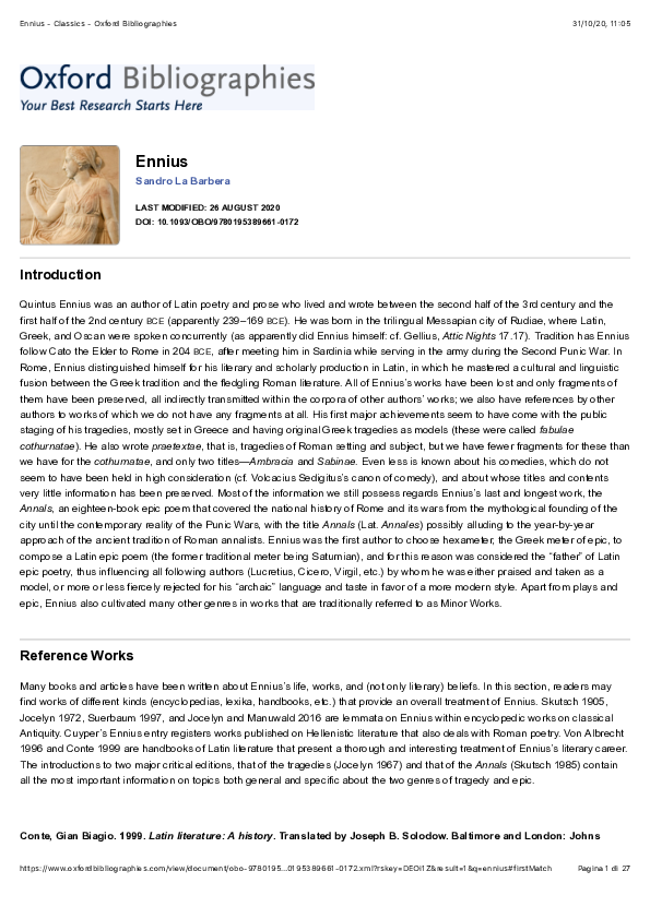 (PDF) Ennius - Oxford Bibliographies Online: Classics