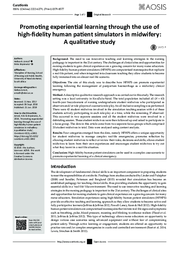 (PDF) Promoting experiential learning through the use of high-fidelity ...