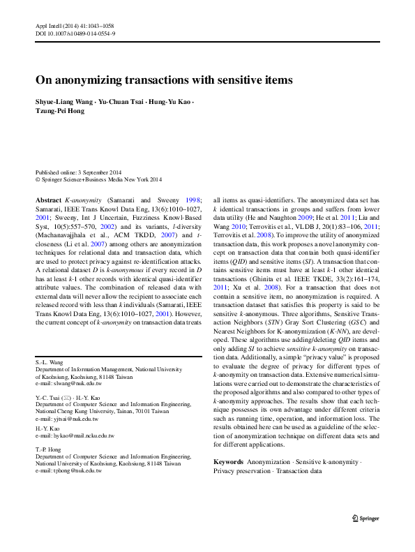 (PDF) On anonymizing transactions with sensitive items