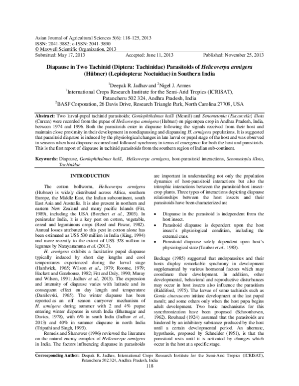 (PDF) Diapause in Two Tachinid (Diptera: Tachinidae) Parasitoids of ...