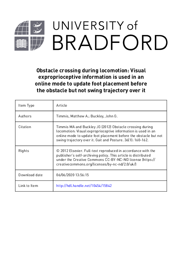 (PDF) Obstacle crossing during locomotion: Visual exproprioceptive ...