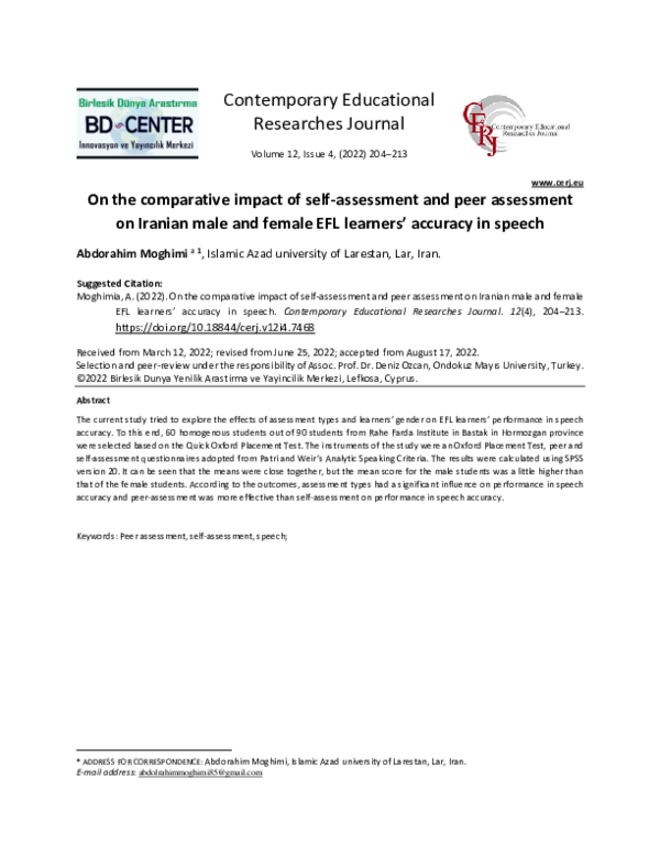 Pdf On The Comparative Impact Of Self Assessment And Peer Assessment Pdf On The Comparative Impact Of Self Assessment And Peer Assessment