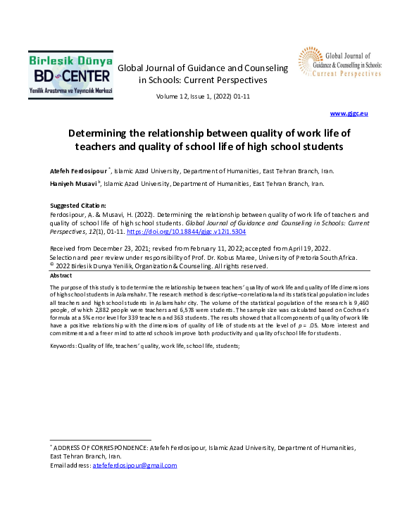 (PDF) Determining the relationship between quality of work life of ...