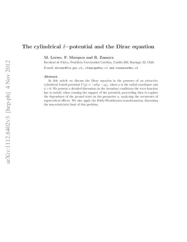 (PDF) The cylindrical δ-potential and the Dirac equation