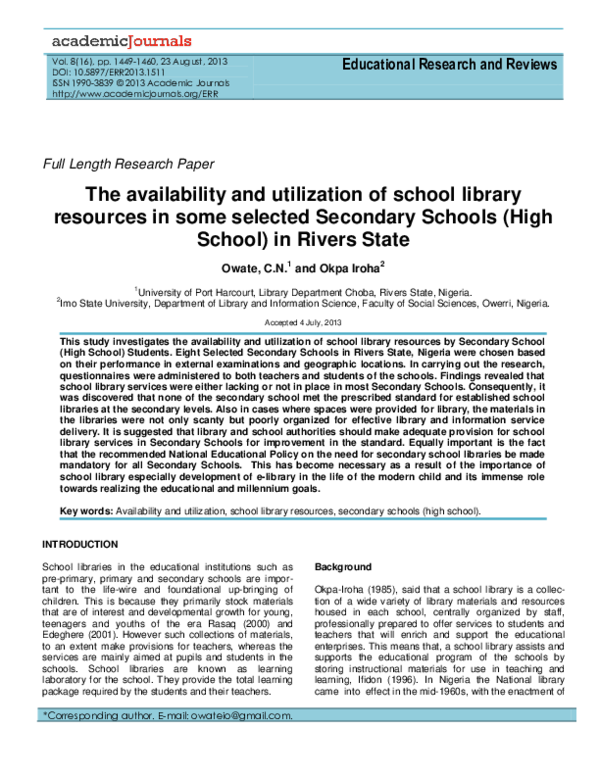 (PDF) The availability and utilization of school library resources in ...