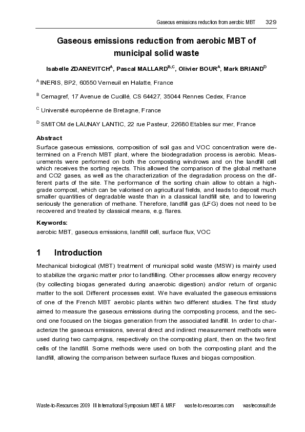 (PDF) Gaseous emissions reduction from aerobic MBT of municipal solid waste